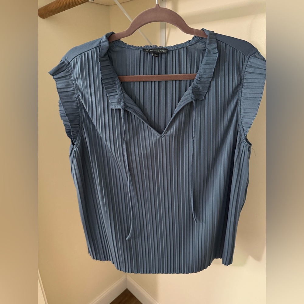 Adrianna Papell Blue Sleeveless Pleated Ruffled Blouse